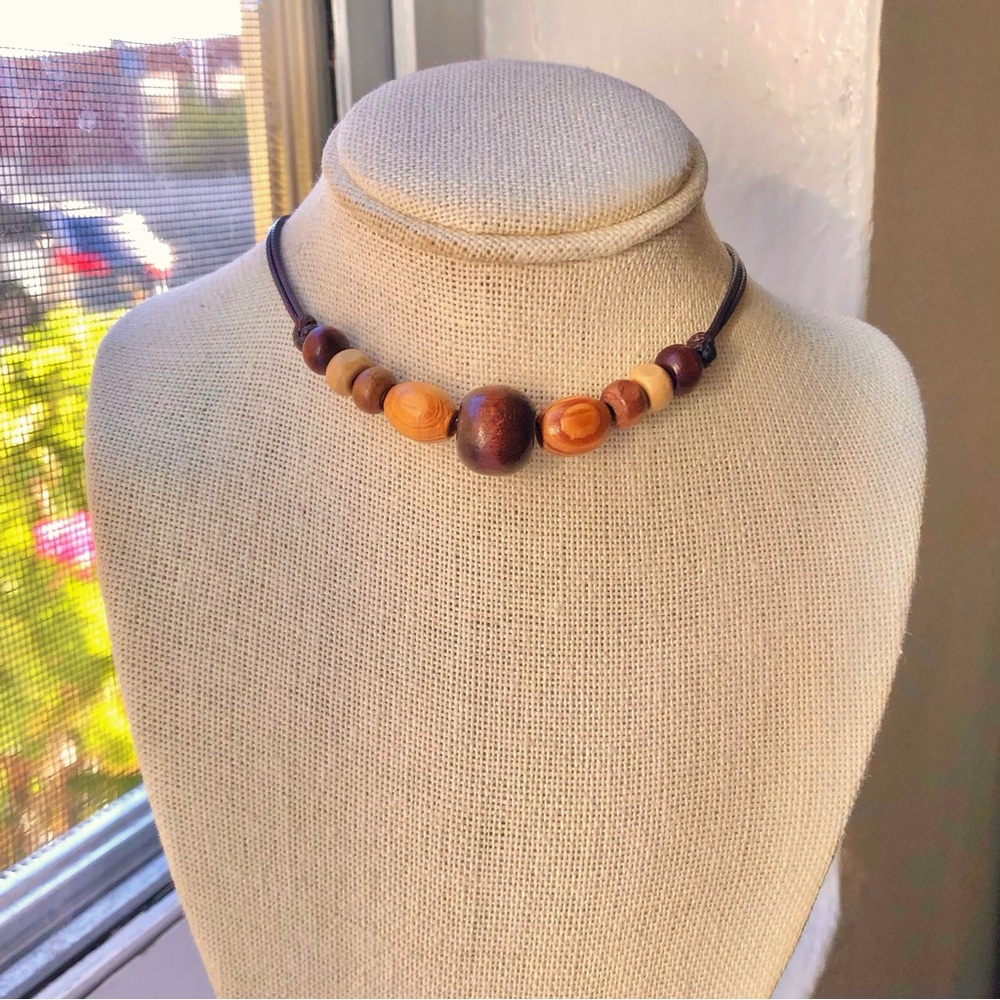 Earthy Granola Wood Beaded (Dark Brown) Boho Hippie Necklace/Choker - Picture 2 of 5